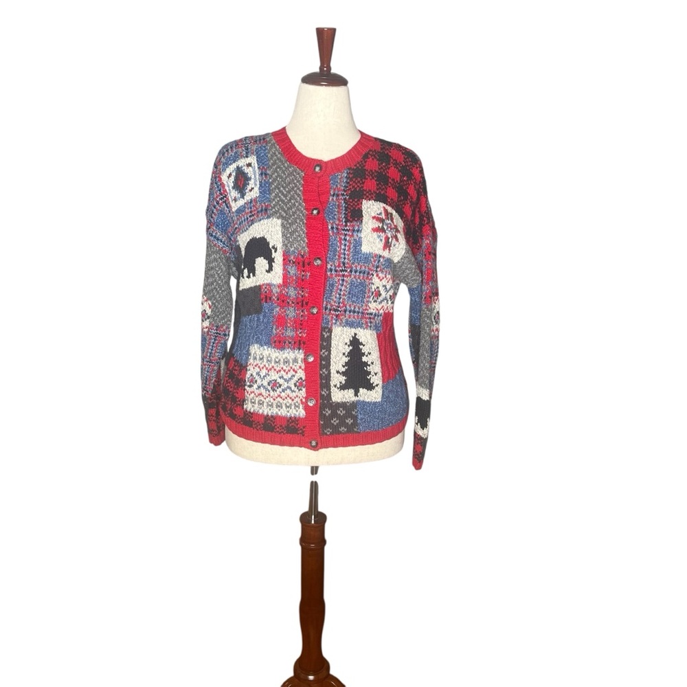 ROBERT SCOTT Vintage Petites Holiday Print Cardigan Handknit Chunky Sweater PM